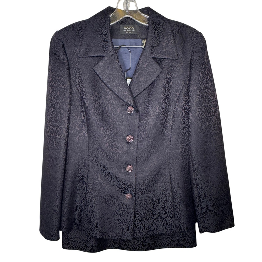 Dana Buchman Navy Blue Black Skirt Suit Set Womens 8‎ Damask Jacquard Wool Blend